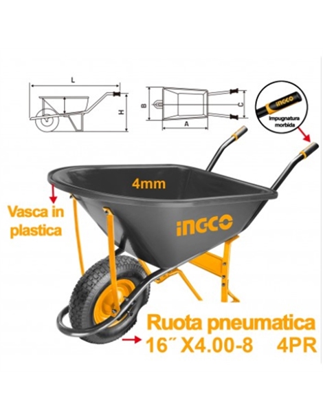 CARRIOLA IN PLASTICA CON RUOTA PNEUMATICA 150KG