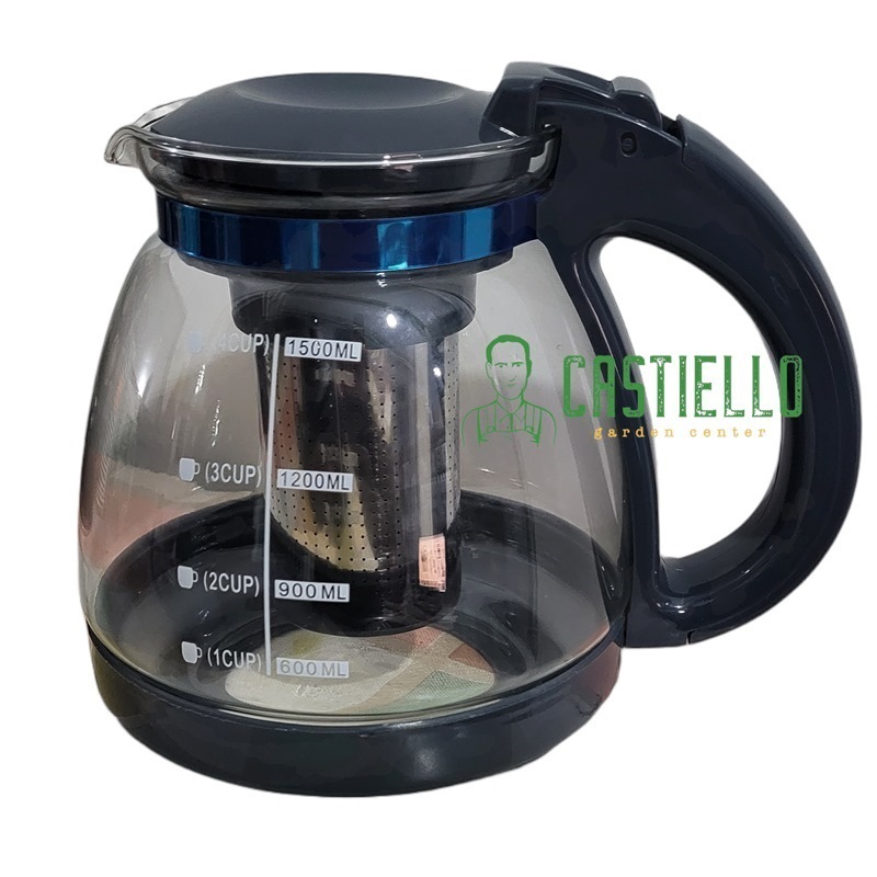 Infusore teiera in vetro con filtro in acciaio e misuratore 1,5lt